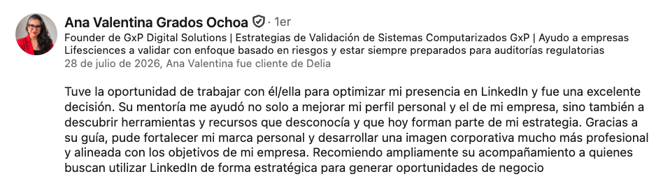 Recomendación de Ana Valentina Grados Ochoa sobre la mentoría de Delia Malta